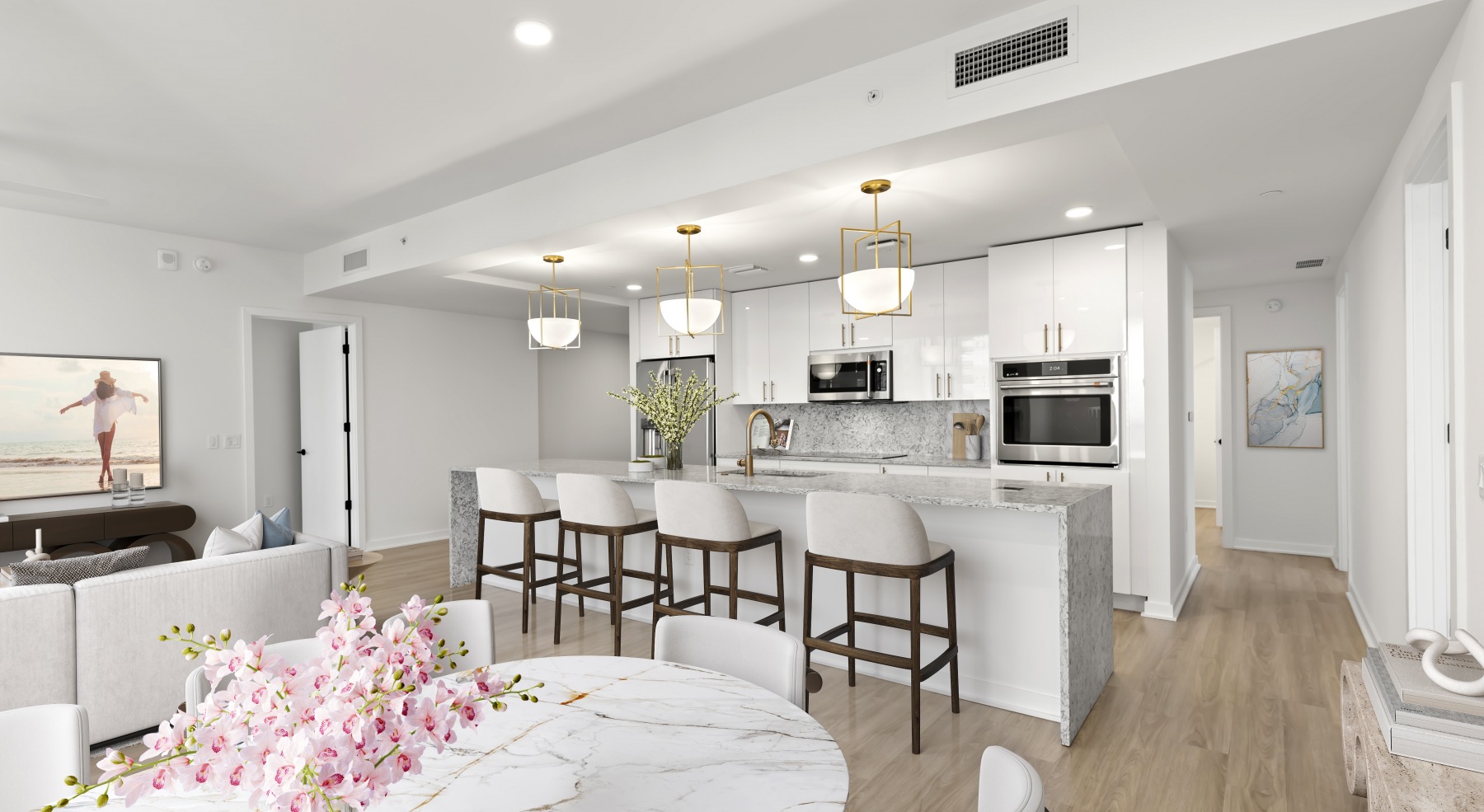 ascent st pete kitchen island barstools cabinetry fridge wall mount oven pendant lighting wood floors ascent st pete kitchen island barstools cabinetry fridge wall mount oven pendant lighting wood floors