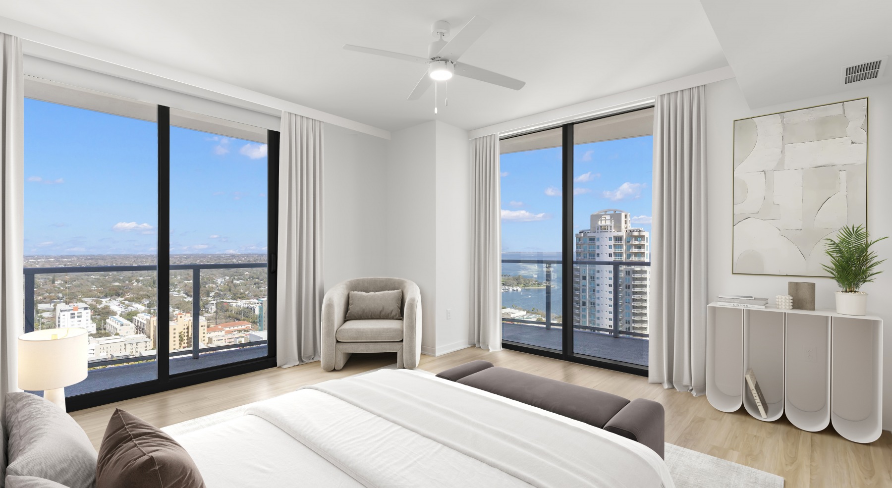 ascent st pete bedroom floor to ceiling windows penthouse city views blue sky bed bookcase ascent st pete bedroom floor to ceiling windows penthouse city views blue sky bed bookcase
