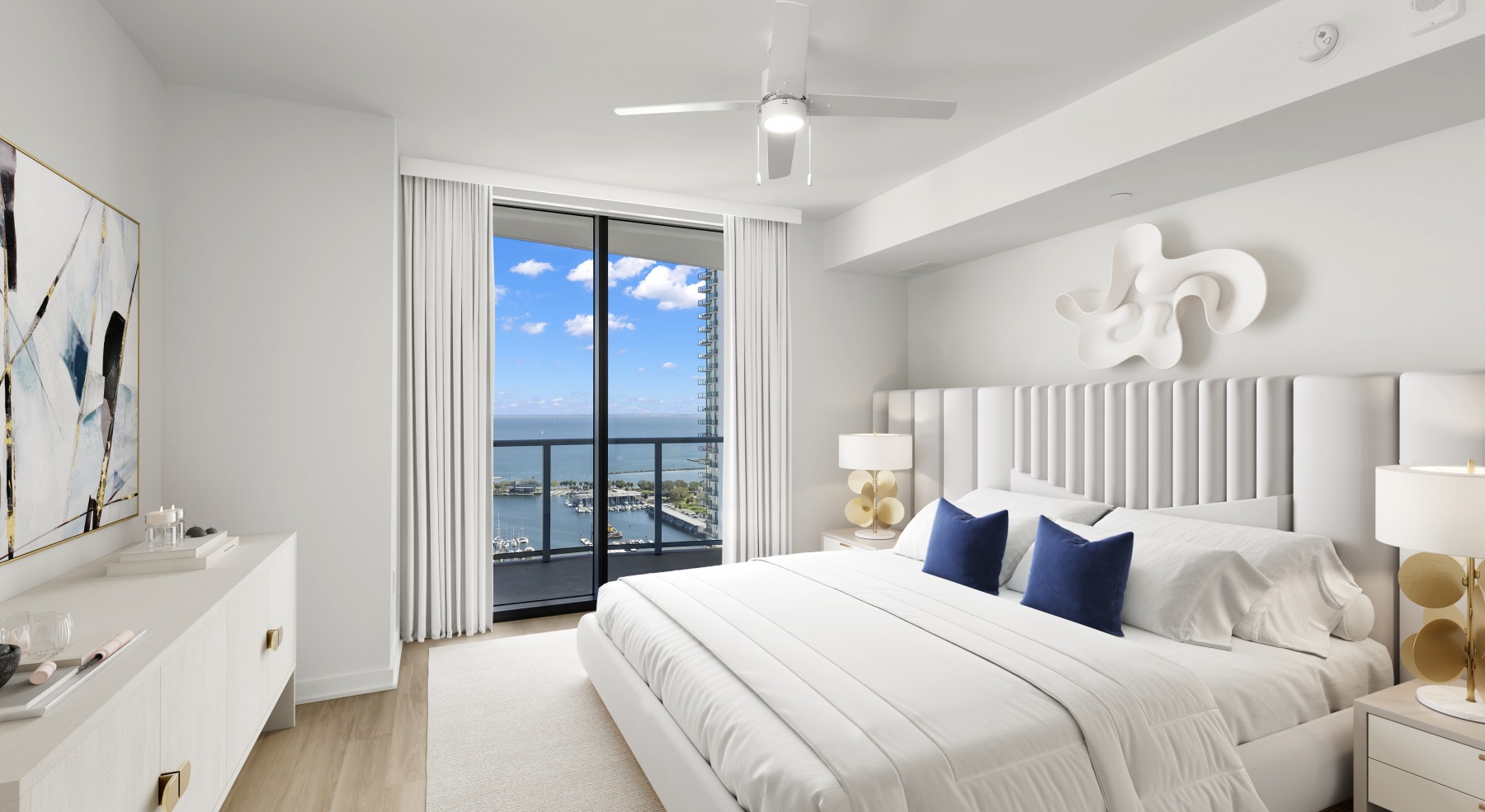 ascent st pete penthouse bedroom bed balcony doors waterfront view blue sky dresser ceiling fan ascent st pete penthouse bedroom bed balcony doors waterfront view blue sky dresser ceiling fan