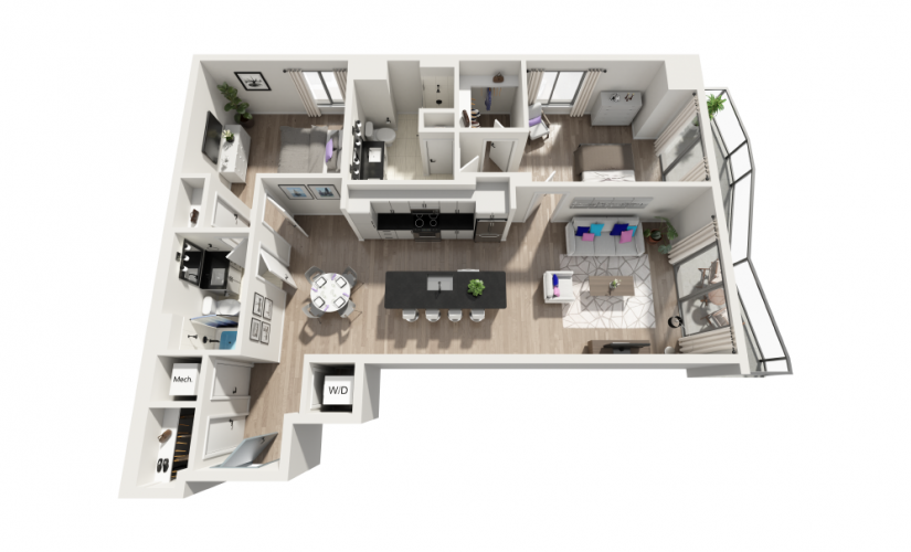 B4 - 2 bedroom floorplan layout with 2 baths and 1304 square feet.